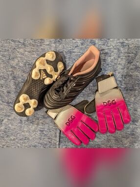 Adidas Black Soccer Cleats with Pink Lining And Goalie Gloves
